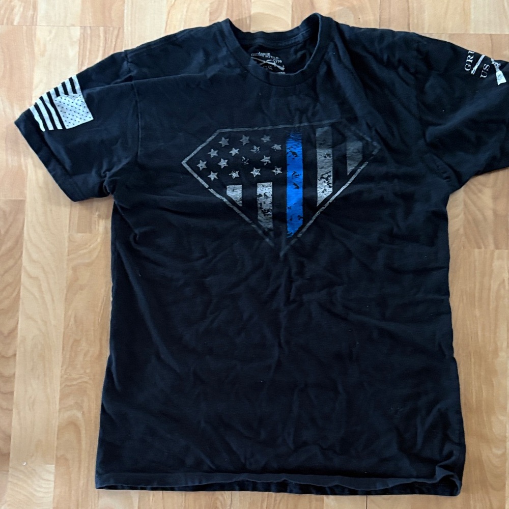 Grunt Style T-Shirt Black Superman Shield USA Flag Patriotic Military Tee Large